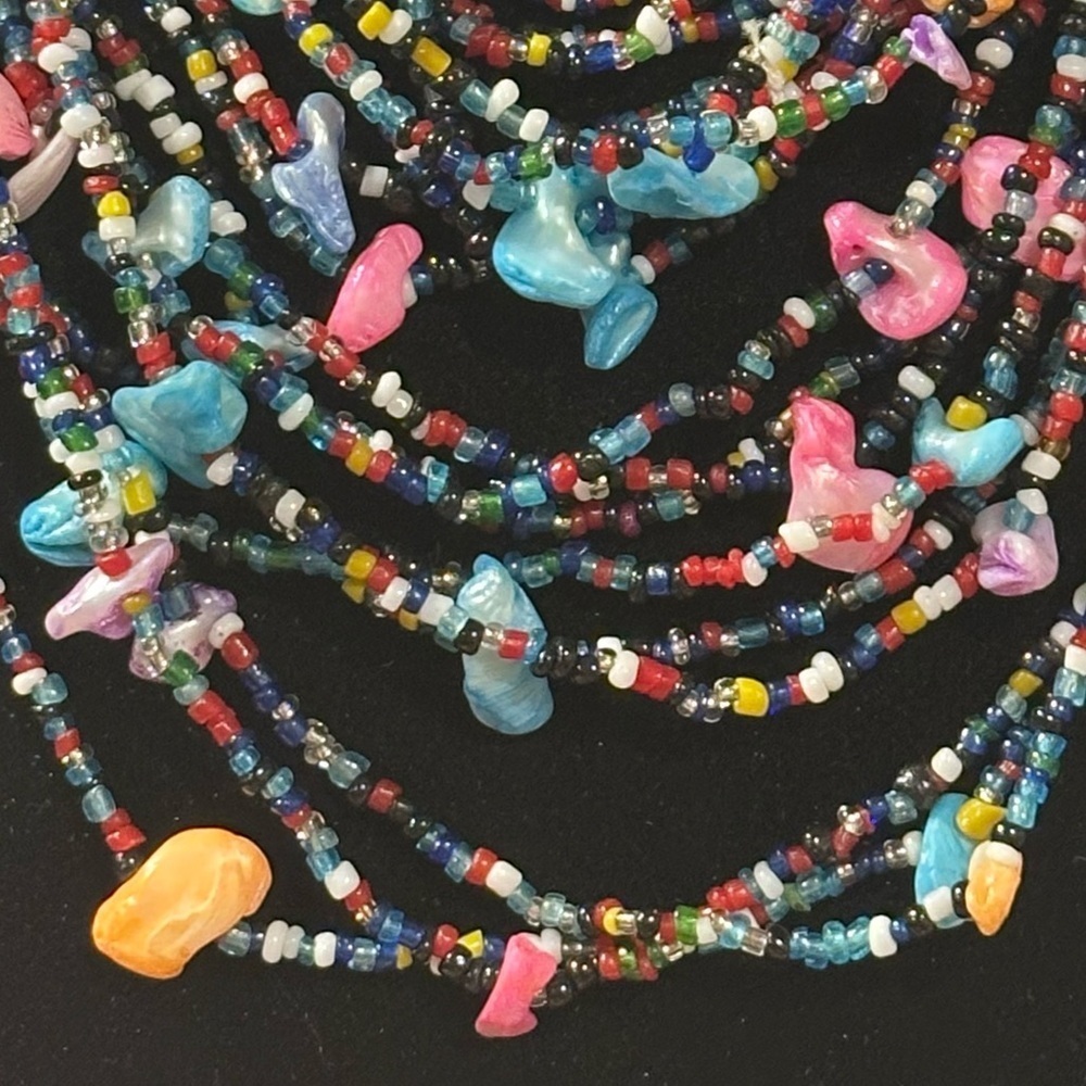 Multi-strand Shells & Seed Beads Multicolored Bib Necklace Layered Bright Pastel - Picture 9 of 15